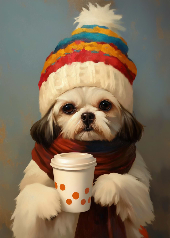 Dog with Hat and Coffee