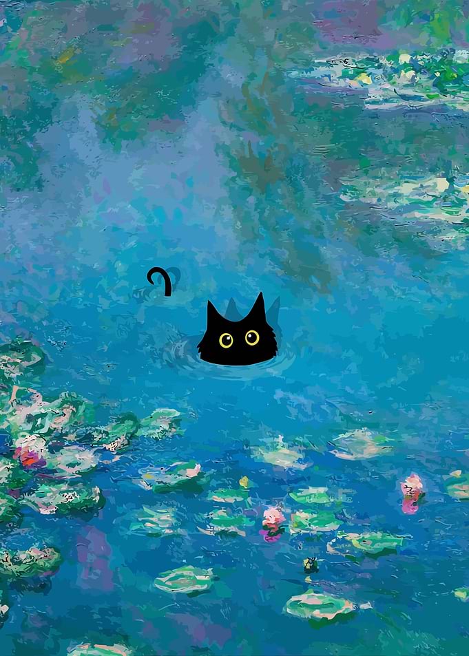Black Cat in Monet's Water Lilies