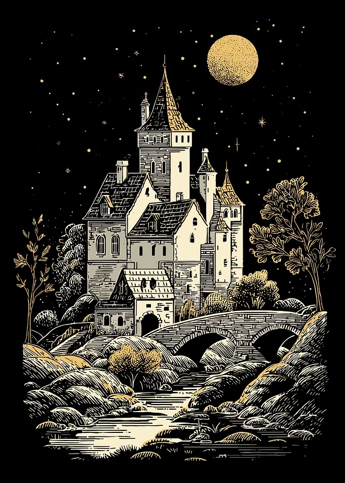 Fantasy Castle Under Moonlight Illustration