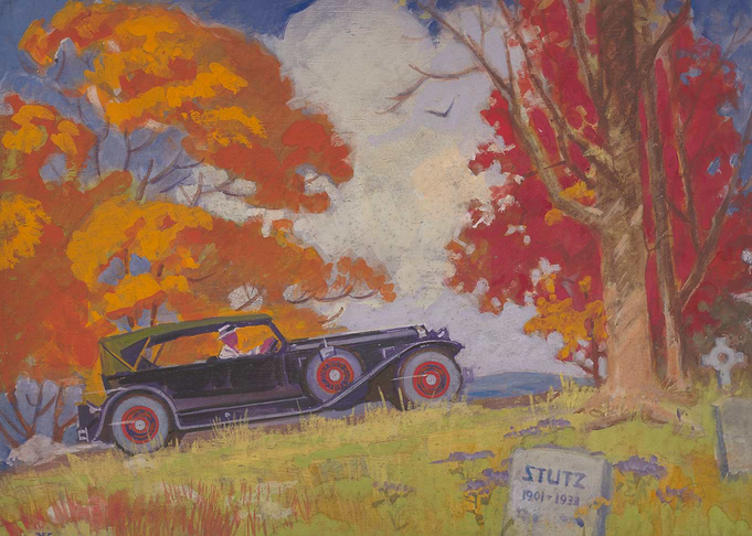 Vintage Car in Autumn Landscape Painting