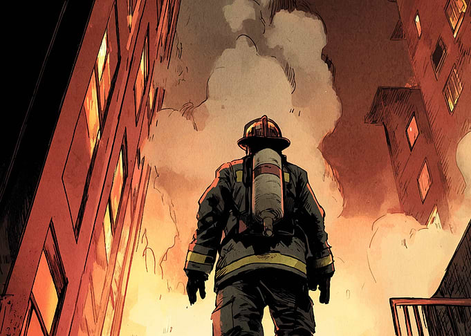 Firefighter in Burning Cityscape