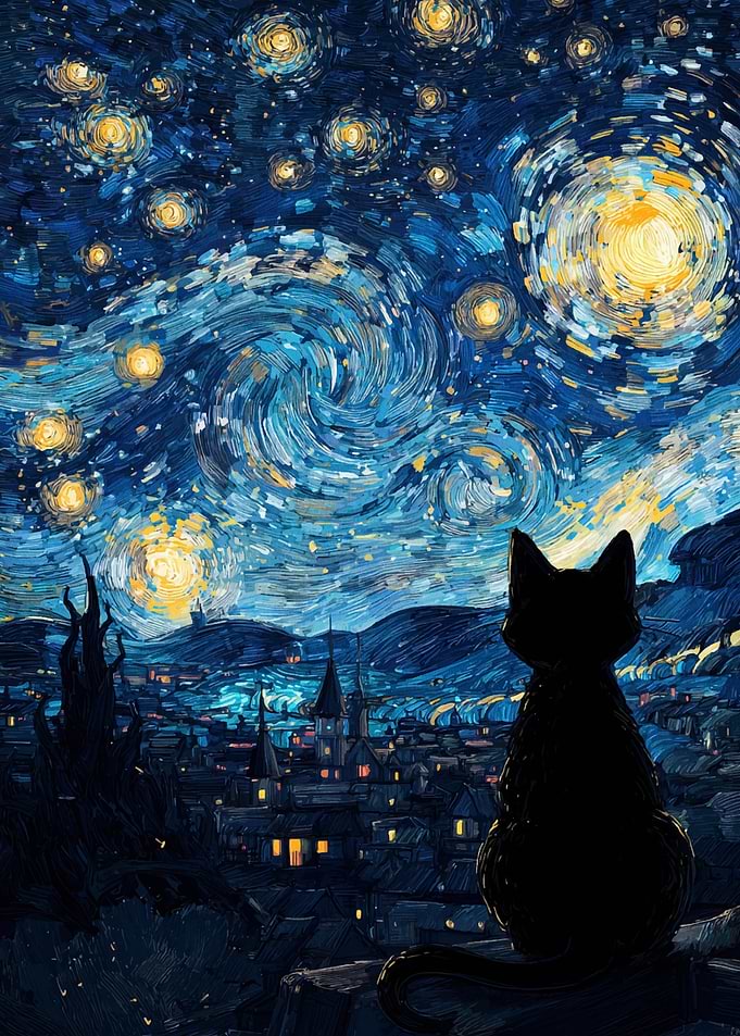 Cat gazing at starry night painting