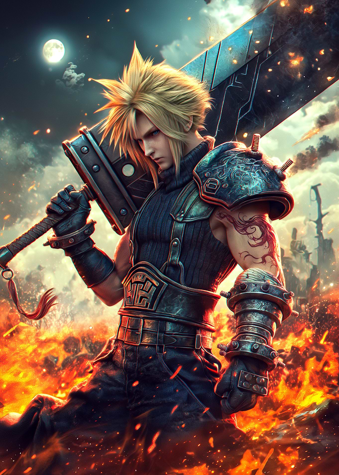 Cloud Strife in Fiery Landscape
