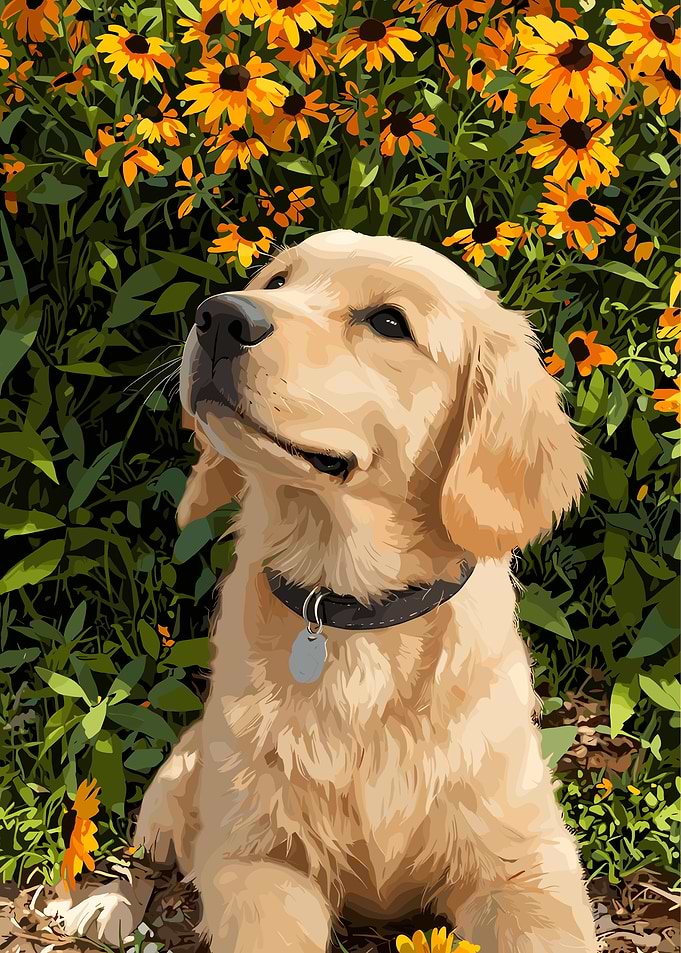 Golden Retriever in a Field of Flowers