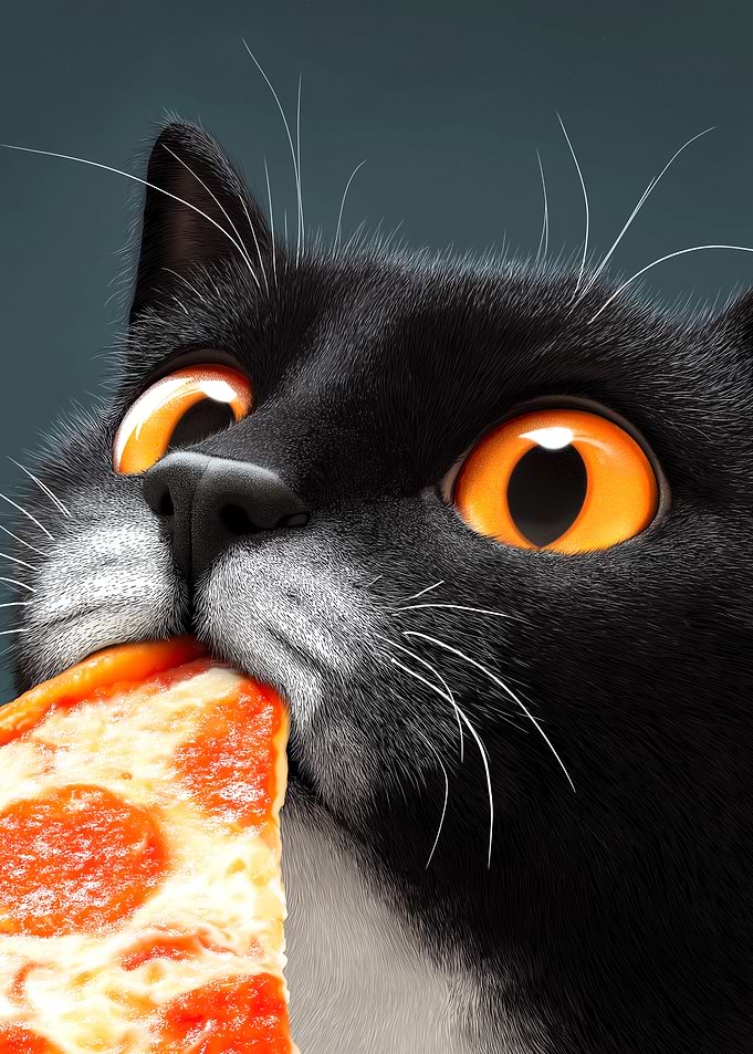 Black Cat Eating Pizza Slice