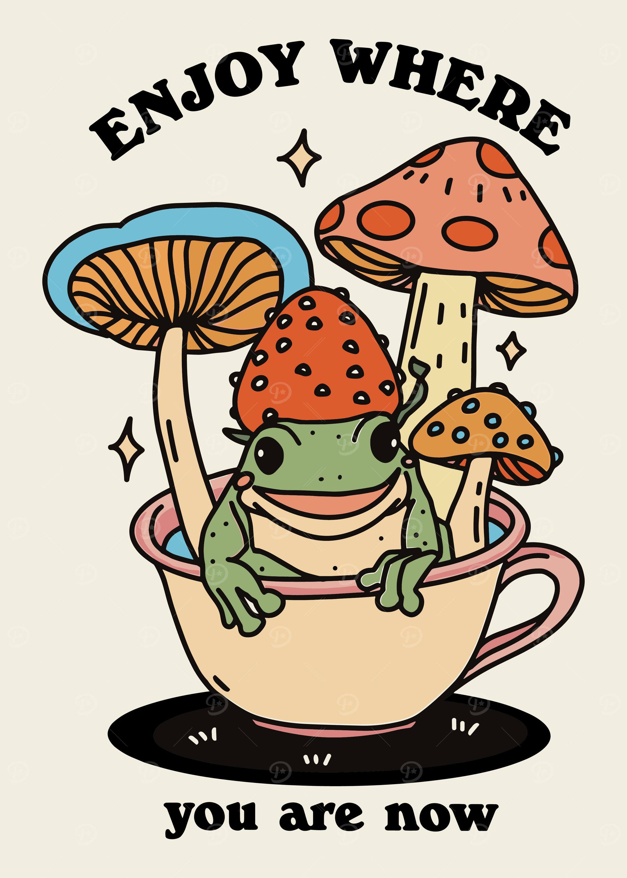 Frog in Teacup with Mushrooms