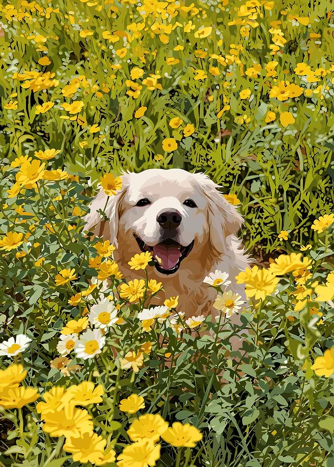 Happy Dog in a Flower Field
