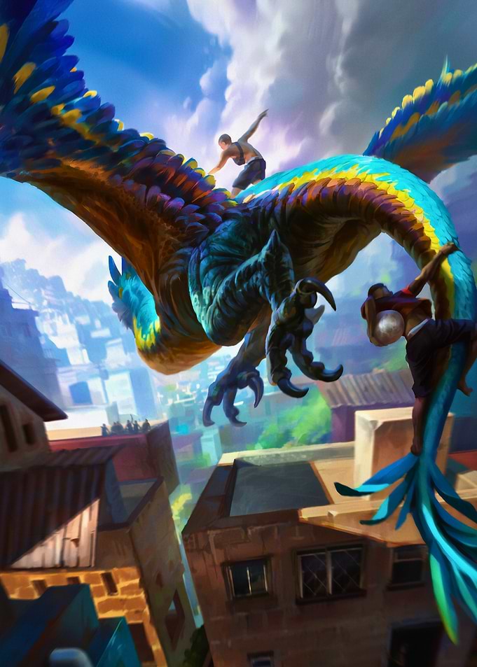 Riding a Giant Bird Over the City