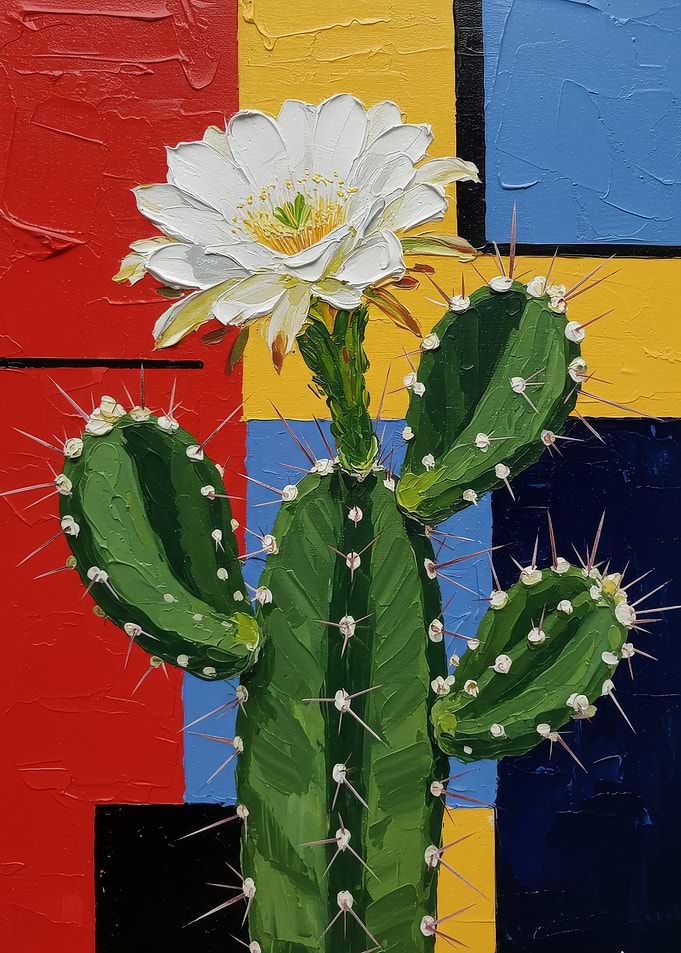 Cactus Flower Painting with Geometric Background
