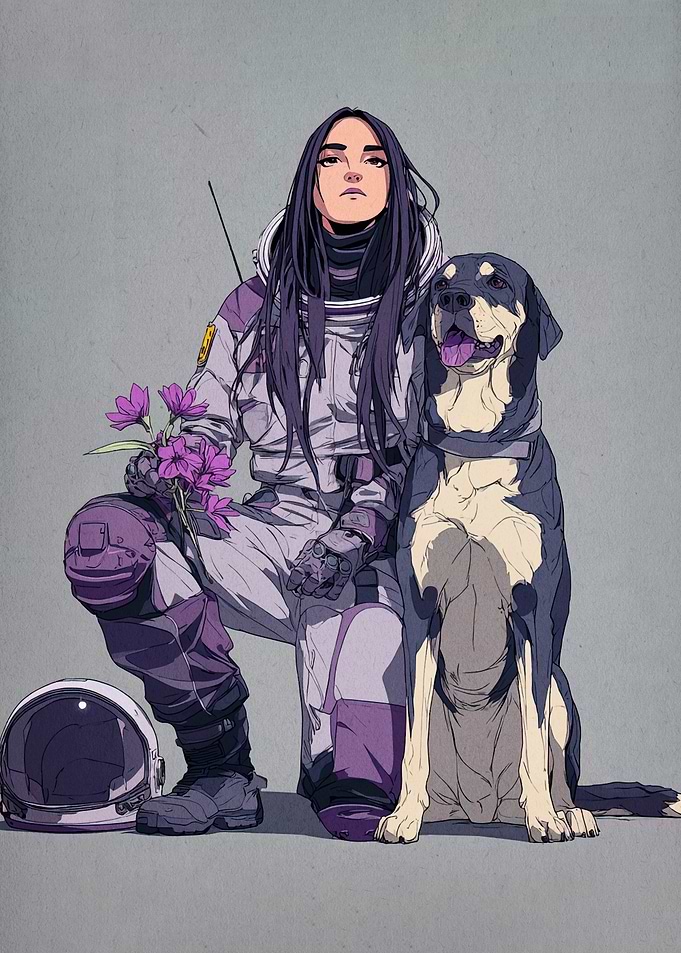 Astronaut, Dog, and Flowers