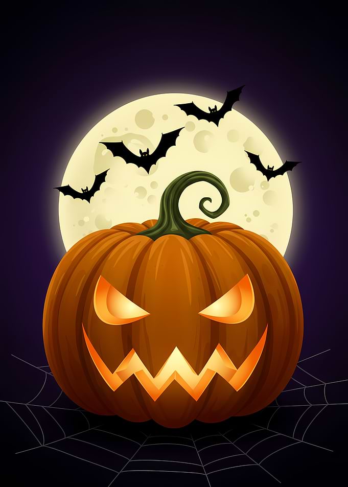 Halloween Pumpkin with Bats and Moon