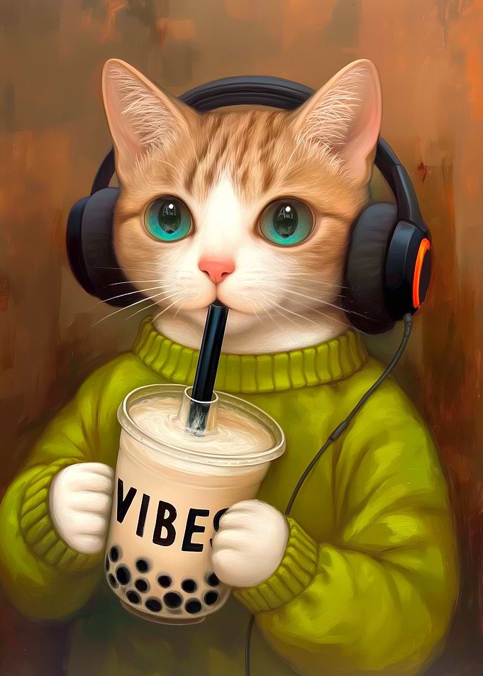 Cat with Headphones and Bubble Tea