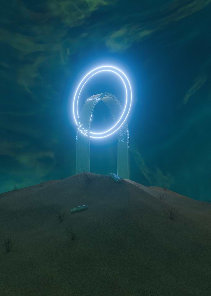 Neon Ring Portal in Desert Landscape