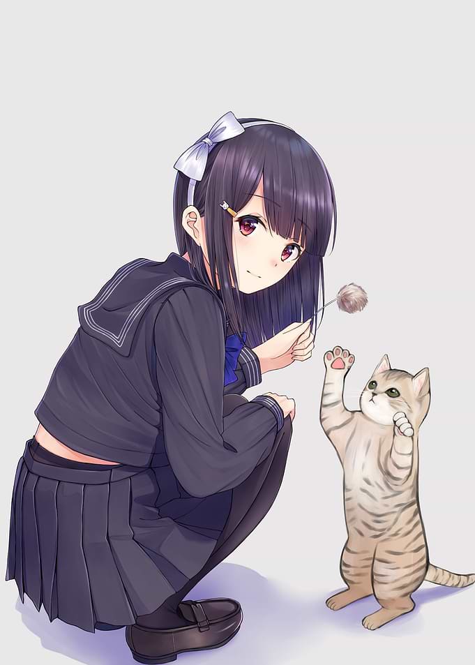 Anime Girl Playing with Kitten