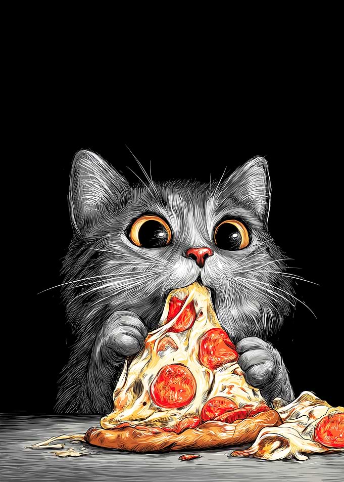 Cat Eating Pizza Slice Illustration
