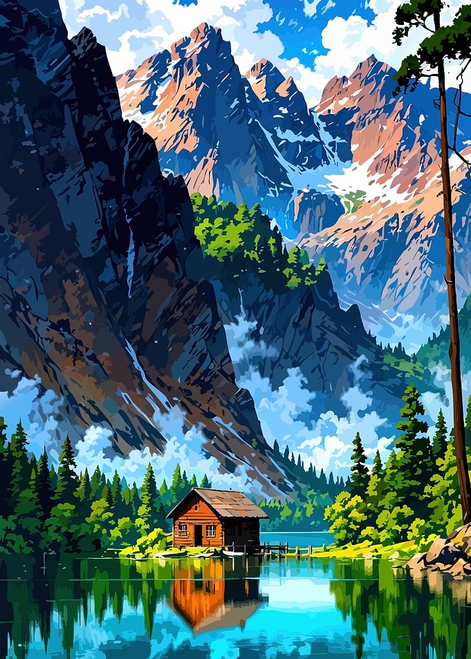 Cabin by the Lake, Mountain Backdrop