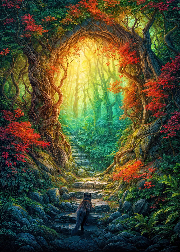 Black Cat in an Enchanted Forest Path