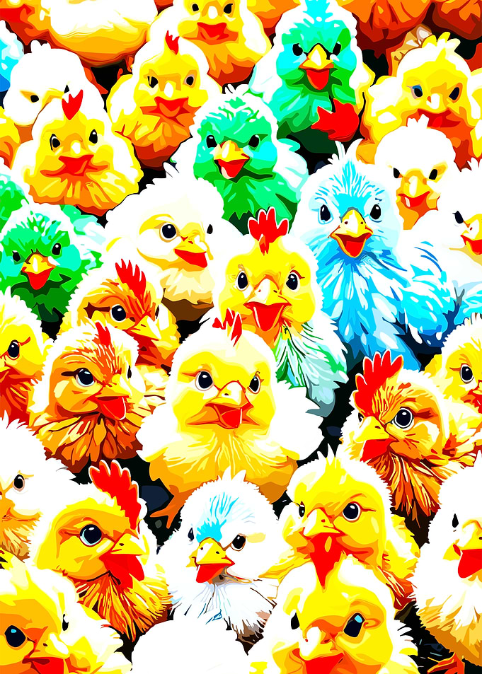 Colorful Chickens Crowd