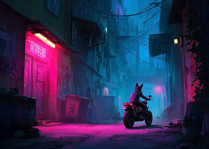 Cyberpunk Alley Motorcycle Rider