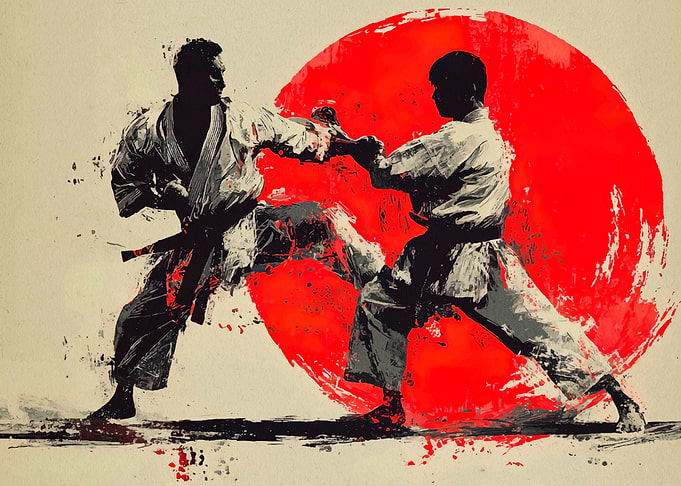 Karate Sparring with Red Sun Backdrop