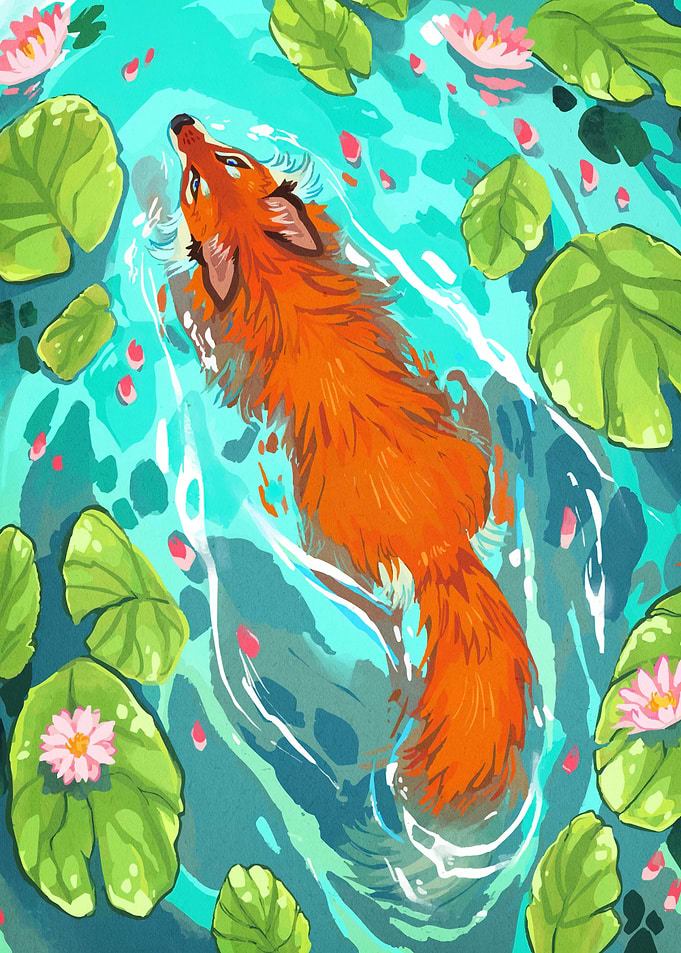 Fox Swimming Lily Pond
