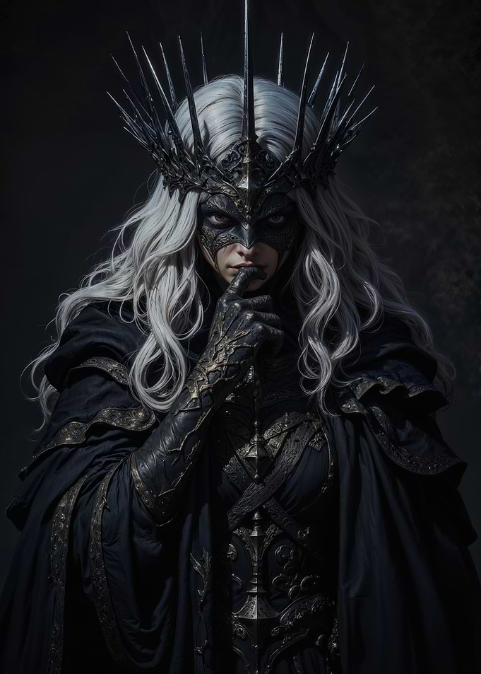 Mysterious Dark Fantasy Queen: Enigmatic Mask and Silver Hair Portrait