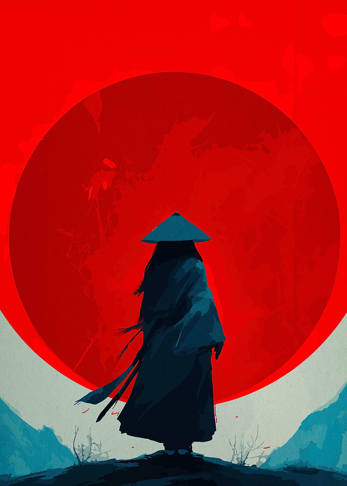 Samurai Silhouette Against Red Sun
