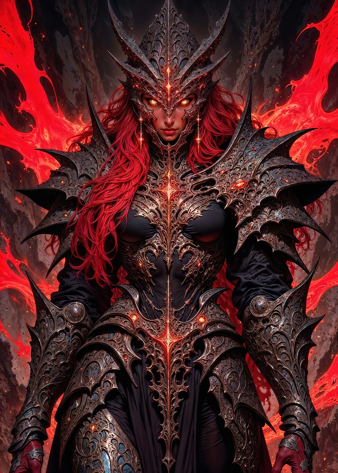 Crimson Empress: Dark Fantasy Warrior in Ornate Spiked Armor with Fiery Eyes