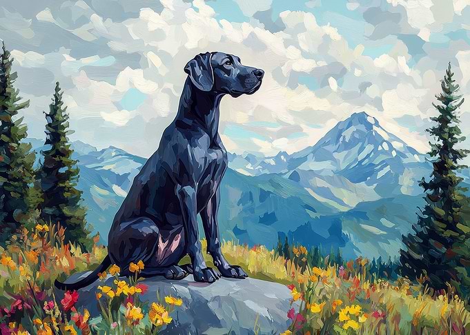 Great Dane Dog in Mountain Landscape Painting | Gentle Giant Dog Art