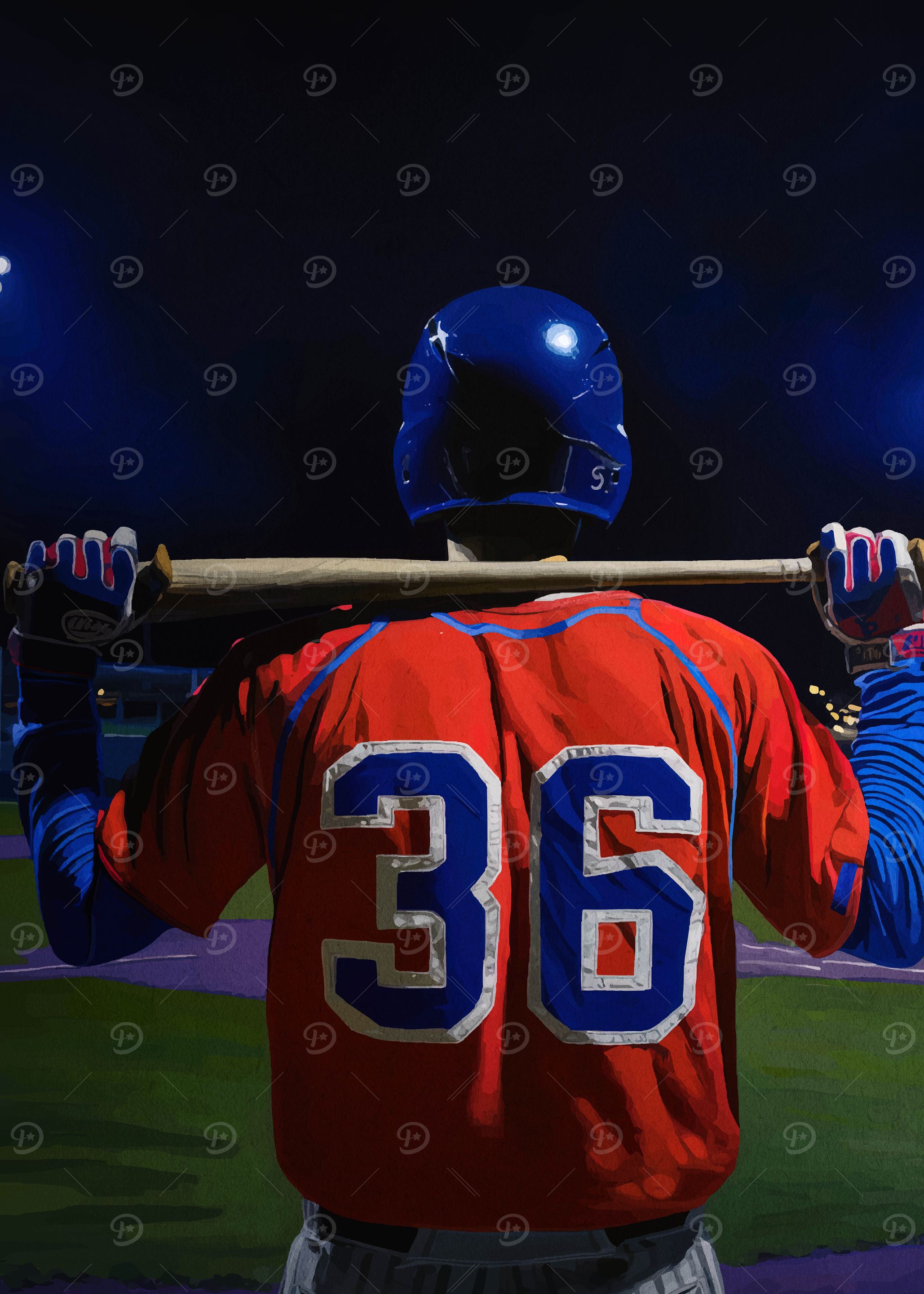 Baseball Player with Bat at Night
