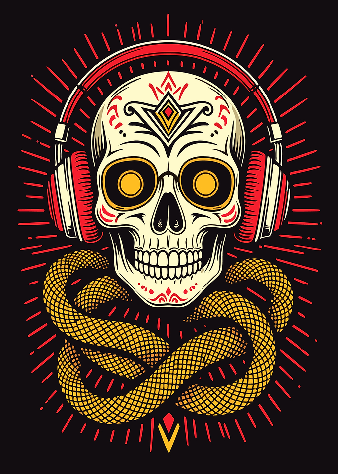 Skull with Headphones and Snake