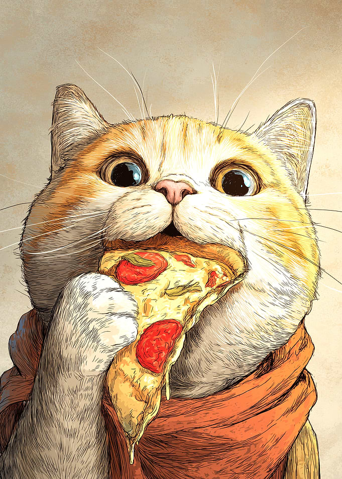 Cat eating pizza slice illustration