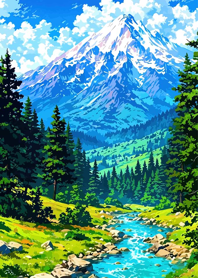 Mountain Landscape with River and Forest