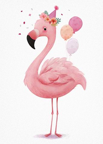 Festive Flamingo with Balloons and Party Hat