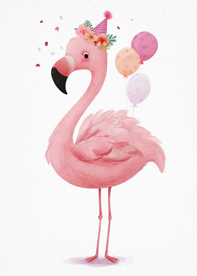 Festive Flamingo with Balloons and Party Hat