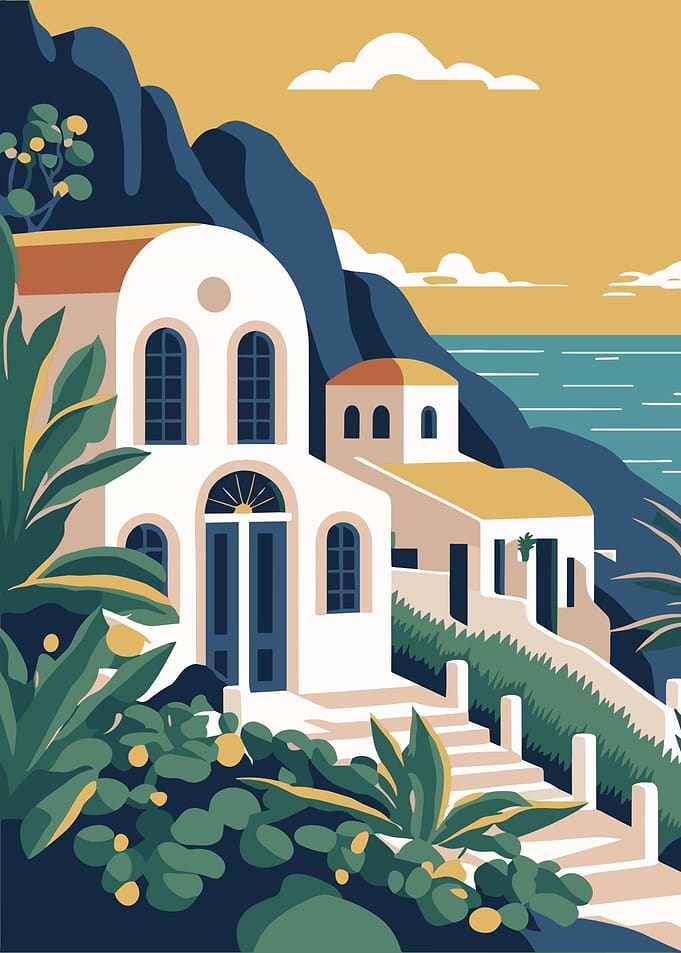 Santorini-inspired coastal villa illustration