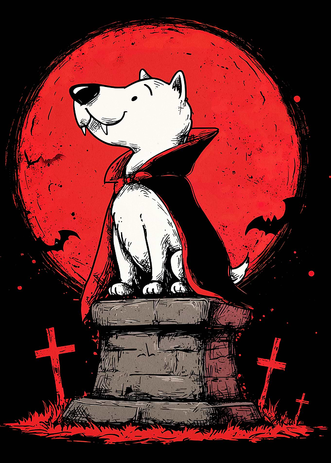 Vampire Dog on Tombstone with Red Moon