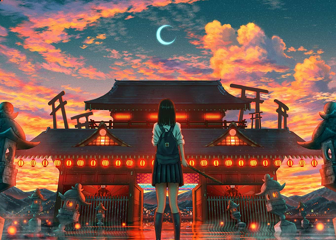 Anime Girl at Japanese Temple Sunset