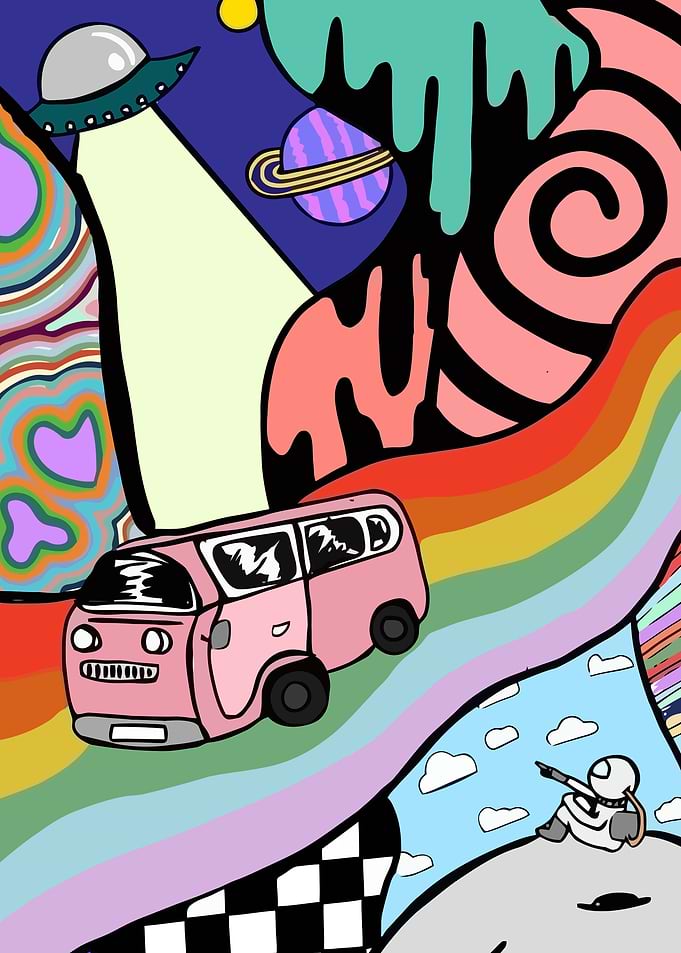 Psychedelic Space Trip with Pink Van
