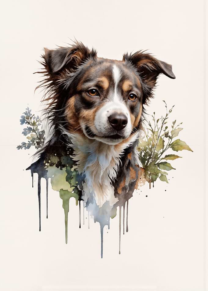 Watercolor Dog Portrait with Floral Accents