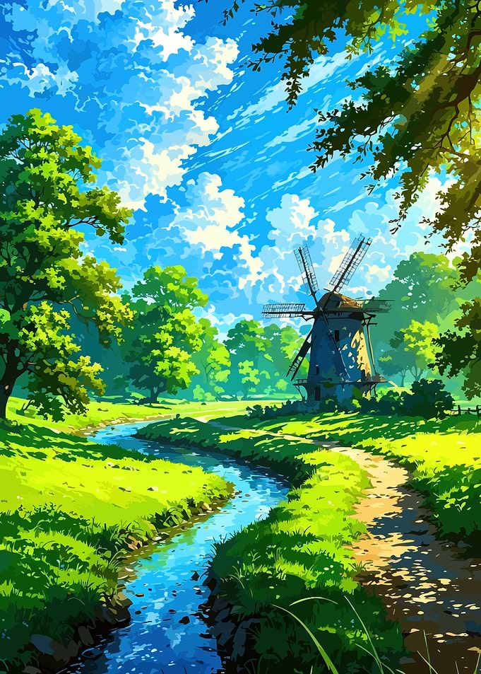 Windmill by a Stream Landscape