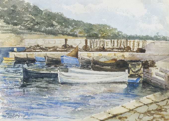 Watercolor Painting of Boats in Harbor