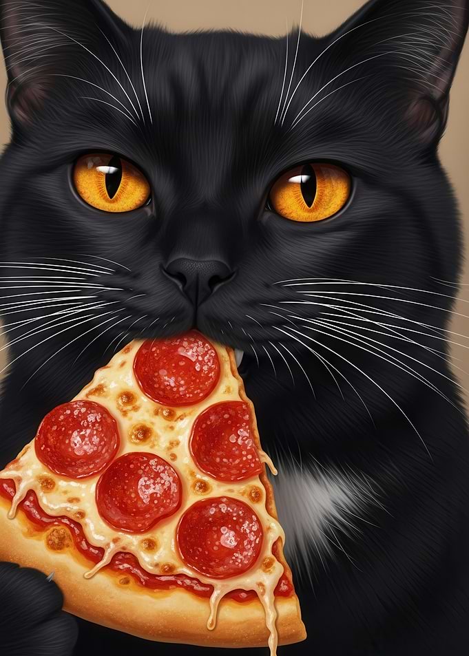 Black Cat Eating Pizza Slice