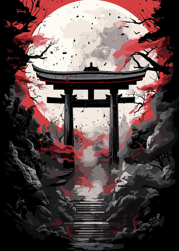 Japanese Torii Gate with Full Moon