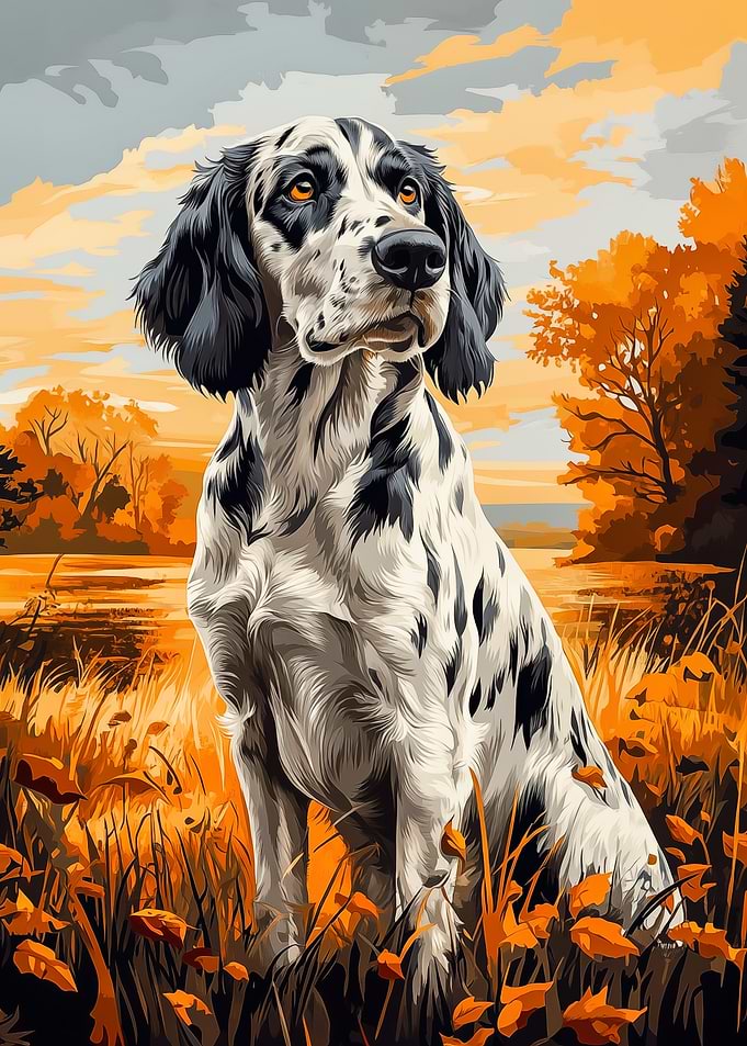 English Setter Portrait in Autumn Landscape