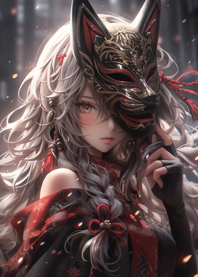 Anime Girl with Kitsune Mask