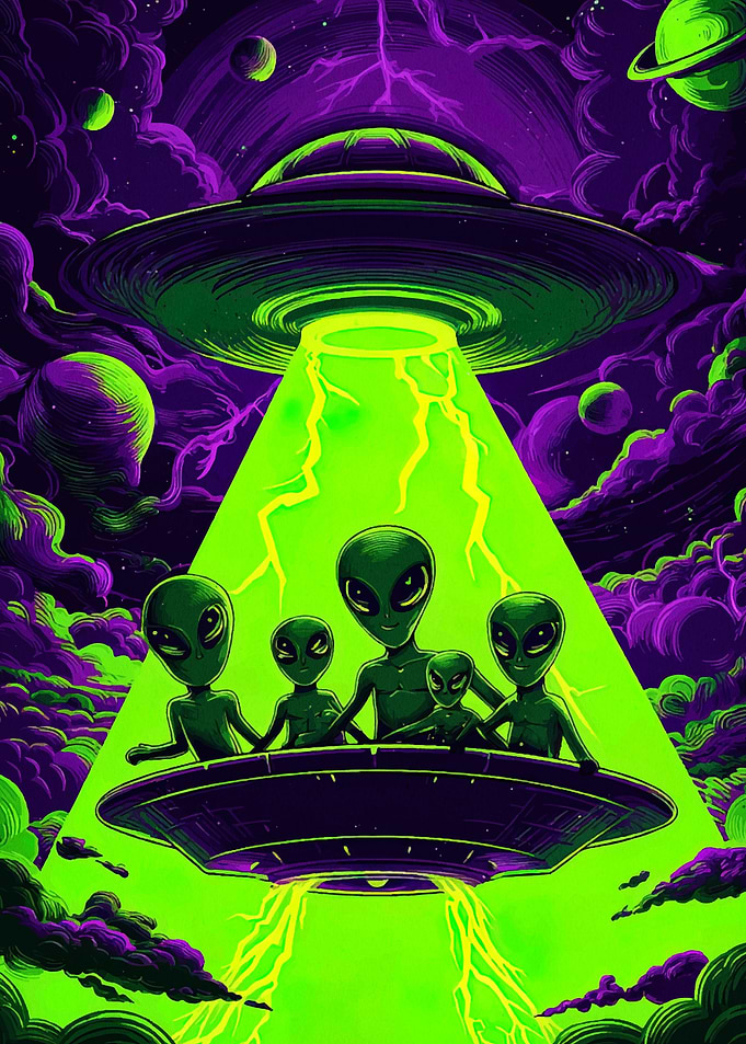 Alien Family in UFO Abduction Scene