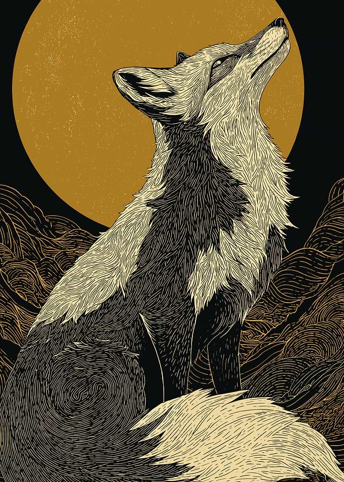 Fox Howling at the Moon Illustration