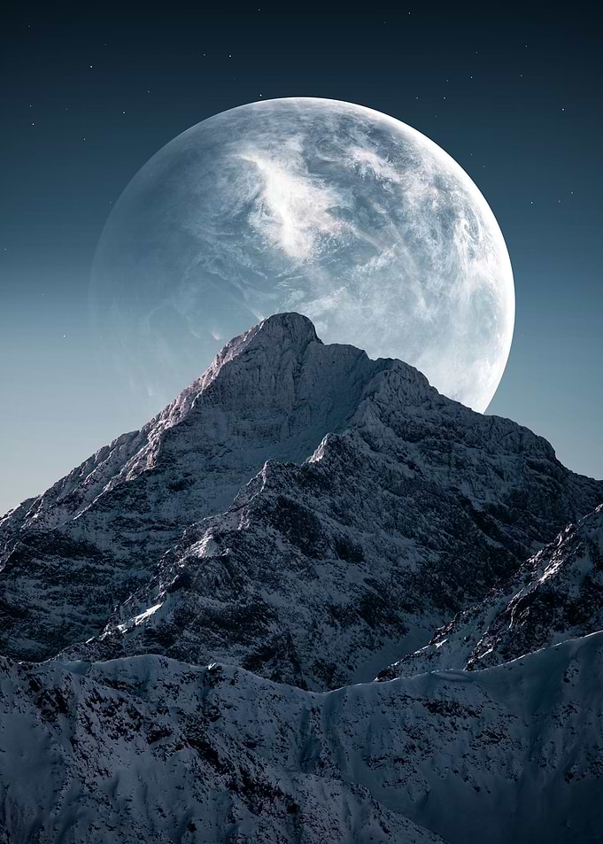 Snowy Mountain with Giant Moon