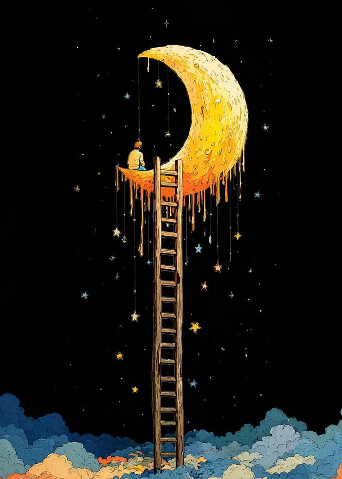 Boy on Moon with Ladder to Stars